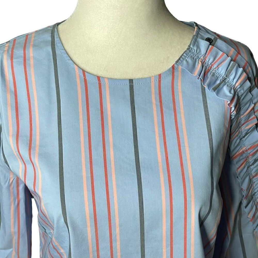 Halogen Striped Ruffled Blouse Bell Sleeves Cotton Size Small - Picture 9 of 14